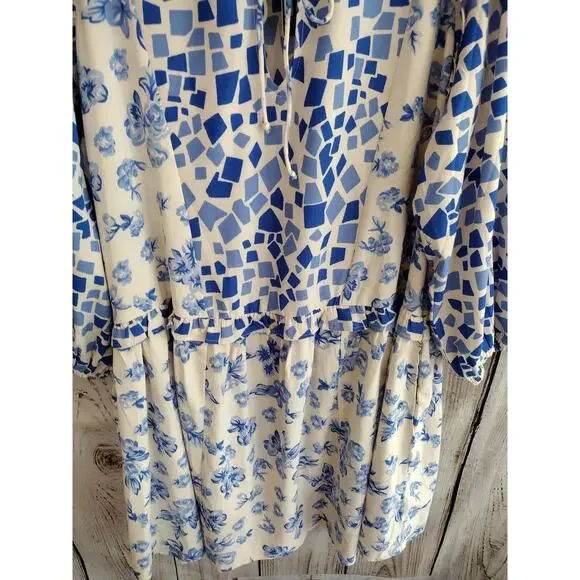 Tolani Collection Blue & White Geometric-Print Ruffle Trim Flowy Babydoll Dress - Picture 5 of 13